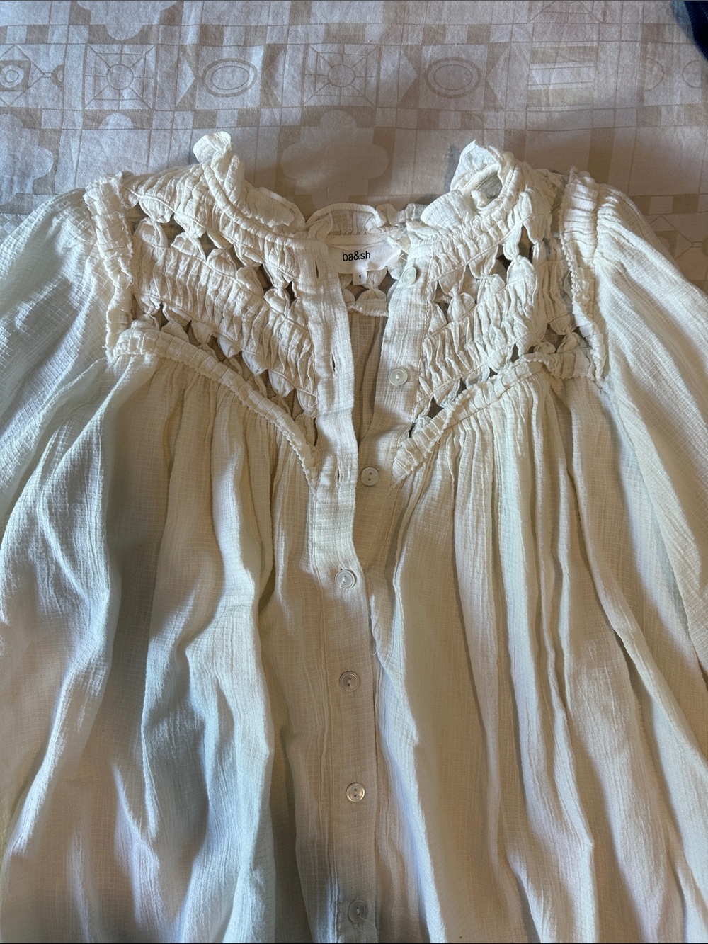 ba&sh Cream Button-Front Smocked Gauze Blouse
